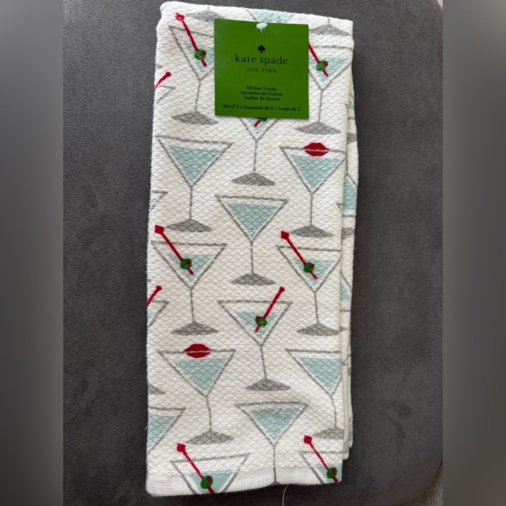 Kate Spade Martini Drink Kitchen Towels (Set of 2) NWT Blue